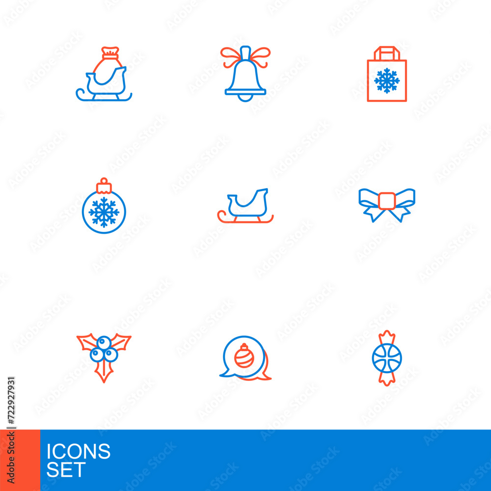 Set line Candy, Christmas ball, Branch viburnum, Gift bow, santa claus sleigh, shopping bag and ringing bell icon. Vector