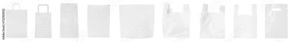 Different paper and plastic bags isolated on white, collection Different paper and plastic bags isolated on white, collection