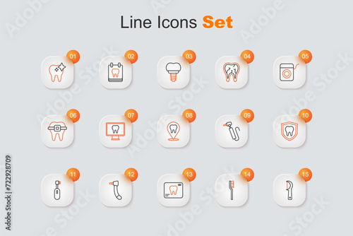 Set line Dental floss, Toothbrush, X-ray of tooth, drill, Electric toothbrush, protection, and clinic location icon. Vector