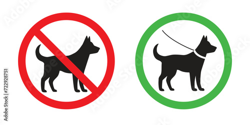 Red prohibition sign with a dog and a green round sign with a dog in a collar on a leash. Vector illustration on white background
