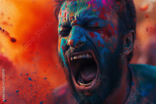 A young man with a screaming face playing Holi festival with colours 