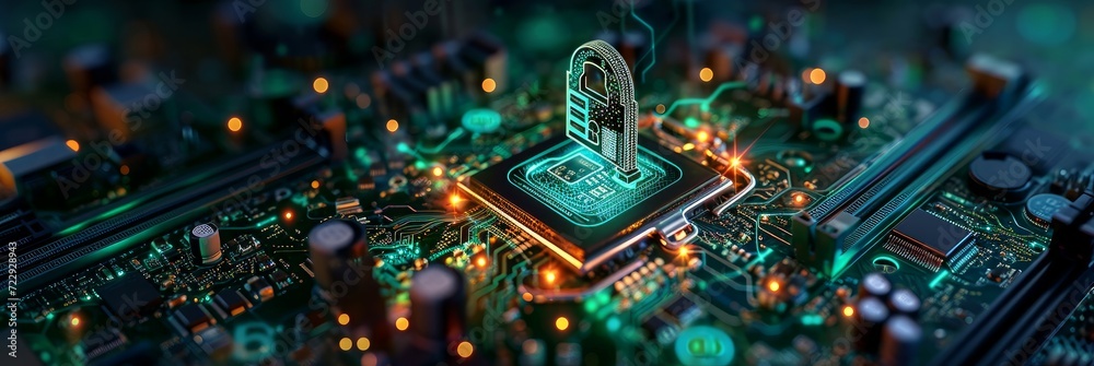 secure connection or cybersecurity service concept of compute motherboard closeup and lock with login and connecting verified credentials as wide banner design with copyspace area - Generative AI