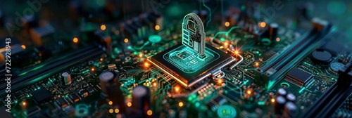 secure connection or cybersecurity service concept of compute motherboard closeup and lock with login and connecting verified credentials as wide banner design with copyspace area - Generative AI