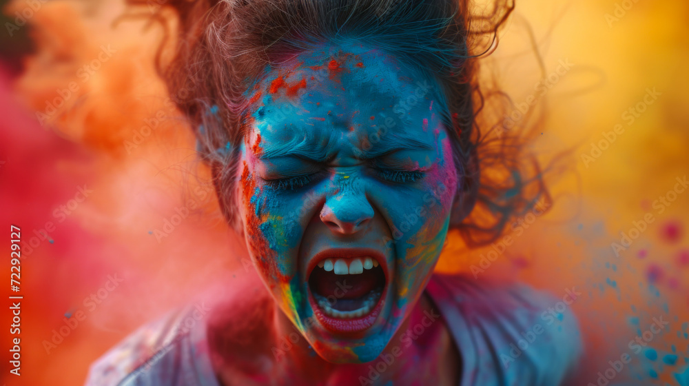 A young woman with a screaming face playing Holi festival with colours