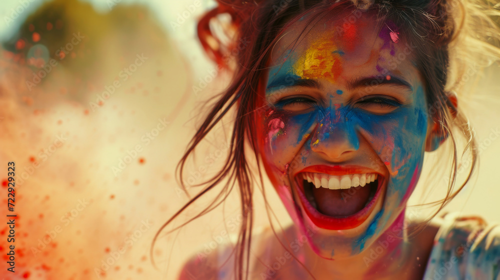 A young woman with a screaming face playing Holi festival with colours A young woman with a screaming face playing Holi festival with colours