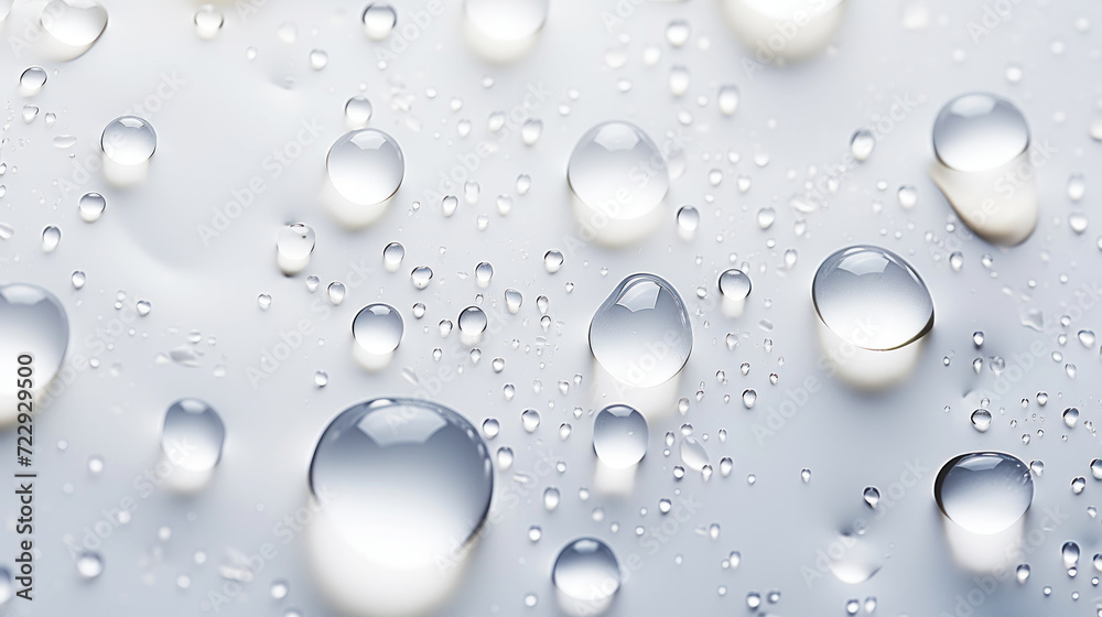Closeup of water drops sliding on light wet surface. White background. Generative AI
