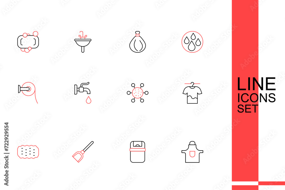 Set line Kitchen apron, Trash can, Dustpan, Sponge, Drying clothes, Bacteria, Water tap and Toilet paper roll icon. Vector