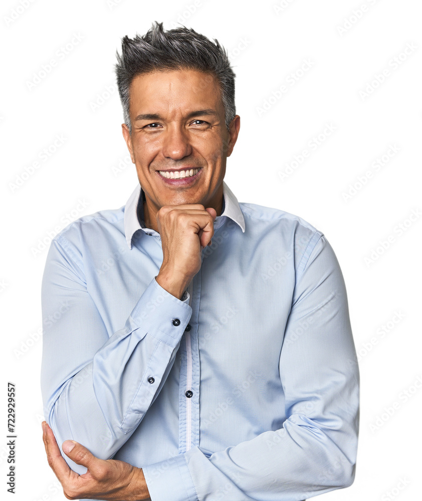 Middle-aged Latino man smiling happy and confident, touching chin with hand. Middle-aged Latino man smiling happy and confident, touching chin with hand.
