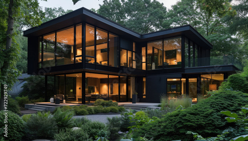 black two story contemporary home with greenery © Kien