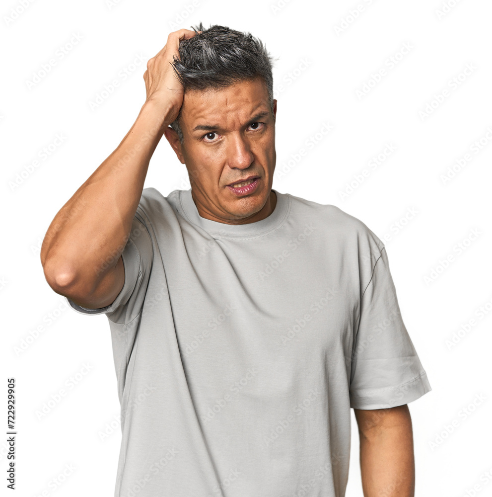 Middle-aged Latino man being shocked, she has remembered important meeting. Middle-aged Latino man being shocked, she has remembered important meeting.