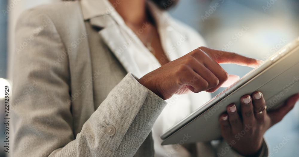 Tablet, night and hands of business person typing, scroll or check social network feedback, communication or customer experience. Research, closeup and corporate boss working on online data analysis
