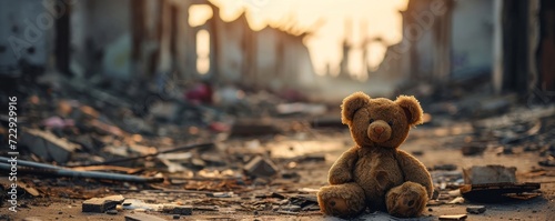 kids teddy bear toy over city burned destruction of an aftermath war conflict, earthquake or fire and smoke of world war against children peace innocence as copyspace, Generative AI