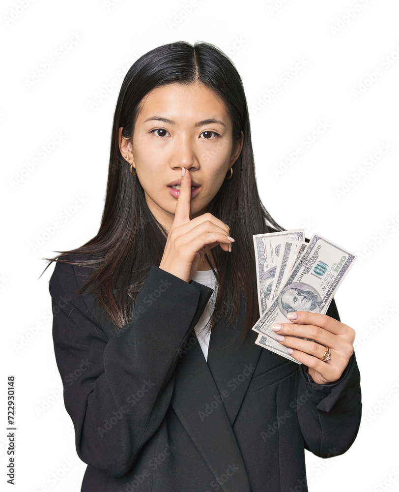 Young Chinese woman with dollars in suit keeping a secret or asking for silence. Young Chinese woman with dollars in suit keeping a secret or asking for silence.
