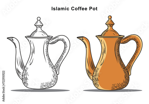 Ramadan Coffee pot. Islamic teapot sketch. Arabic Coffee pot sketch vector illustration isolated white background.Islamic Background. 