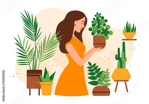 Young woman takes care of the flowers planted in pots. Growing indoor plants. Environmentally friendly concept. Care of indoor plants. Vector illustration