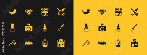 Set Crossed bullet with arrow, Safari car, Tree, Camping lantern, Photo camera, Quiver arrows, Hunting horn and Deer antlers on shield icon. Vector
