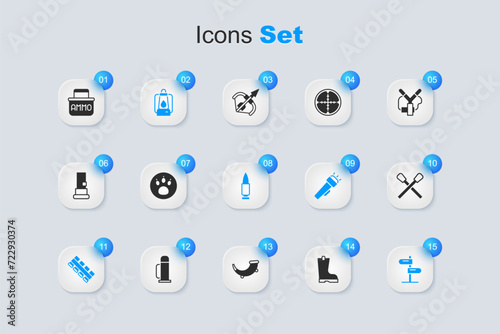 Set Waterproof rubber boot, Paw search, Camping lantern, Hunting cartridge belt, Road traffic sign, Burning match with fire, Ammunition box and Bullet icon. Vector