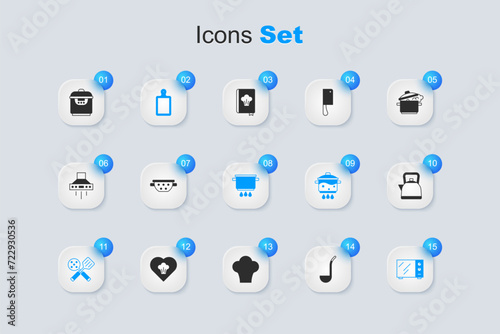 Set Kitchen ladle, colander, Cutting board, Spatula, Microwave oven, Kettle with handle, Slow cooker and Cooking pot on fire icon. Vector