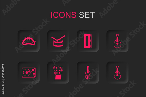 Set Guitar neck, Drum with drum sticks, Tambourine, Violin, Mandolin, Harmonica and Vinyl player vinyl disk icon. Vector
