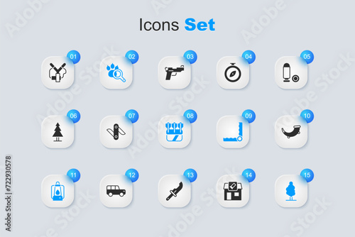 Set Hunting shop, Swiss army knife, Paw search, Camping lantern, Tree, horn, Slingshot and Quiver with arrows icon. Vector photo