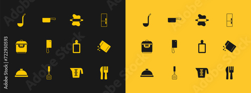 Set Refrigerator, Spatula, Cutting board, Measuring cup, Meat chopper, Rolling pin on dough, Kitchen ladle and Frying pan icon. Vector