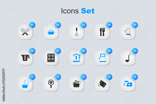 Set Packet of pepper, Gas stove, Cooking pot, and spice, Kitchen meat grinder, ladle, Spatula and Electric kettle icon. Vector