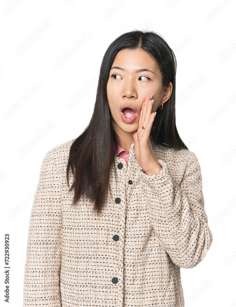 Young Chinese woman in studio setting is saying a secret hot braking news and looking aside Young Chinese woman in studio setting is saying a secret hot braking news and looking aside