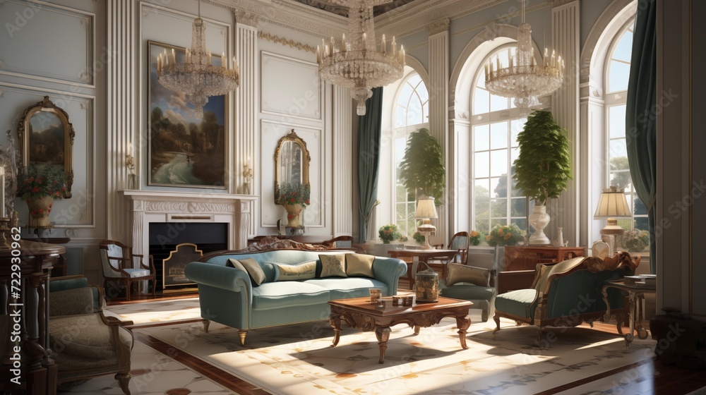 Regency-style drawing room with classical sculptures