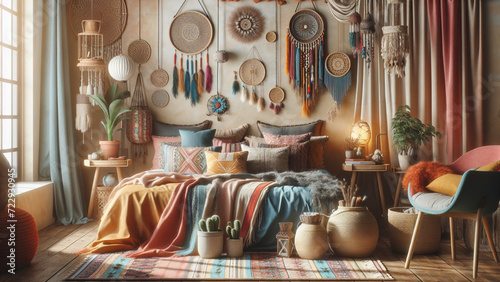 A boho-inspired bedroom with colorful textiles, hanging plants, and eclectic decor. photo