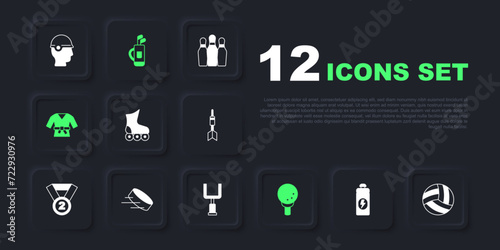 Set Fitness shaker, Volleyball ball, Roller skate, Golf on tee, Kimono, Hockey puck, bag with clubs and American football goal post icon. Vector
