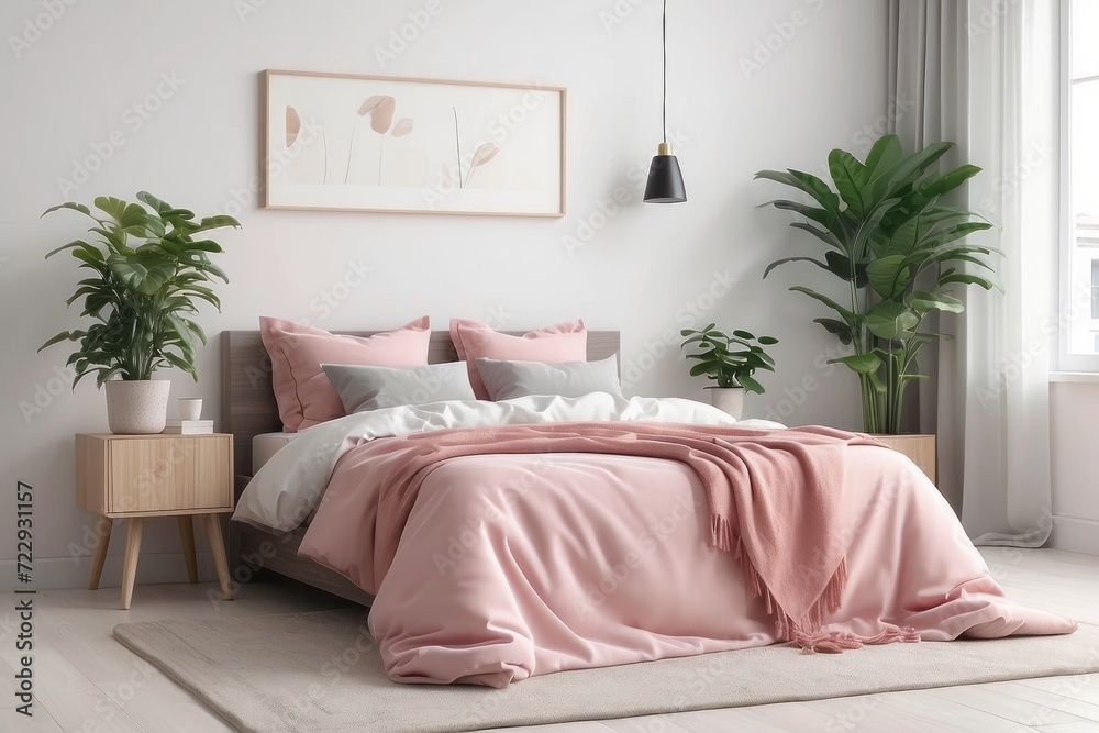 small table with a plant standing next to a bed with pink bedding in bedroom interior with white wall
