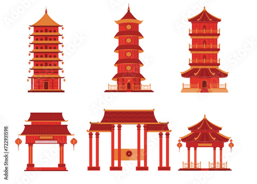 Set of Chinese buildings and temples in traditional style on isolated white background,Vector illustration.