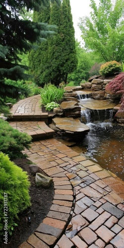 Tranquil Backyard Oasis: Paver Brick Patio Surrounded by Garden, Waterfall Pond, and Lush Landscape