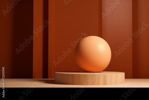 3D display of a product on an orange podium. Minimalist wooden pedestal for beauty sphere ball presentation. Template with copy space. Generative AI