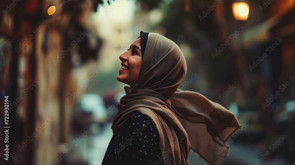 Portrait of young smiling Muslim woman wearing hijab head scarf. Blurred backdrop. Generative AI Portrait of young smiling Muslim woman wearing hijab head scarf. Blurred backdrop. Generative AI