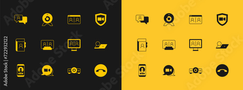 Set Video chat conference, Movie, film, media projector, Speech bubble and Web camera icon. Vector