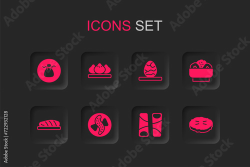Set Served cucumber on a plate, Dumpling, Wonton, Guotie, Chow mein, Homemade pie, Chinese tea egg and Fish steak icon. Vector