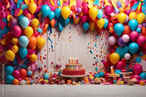 birthday cake and balloons