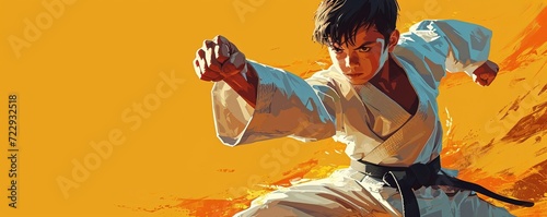 cartoon style young martial arts player boy in challenge pose for training and success at self defense sports like karate , kung fu and judo championships as wide banner with copy space, Generative AI