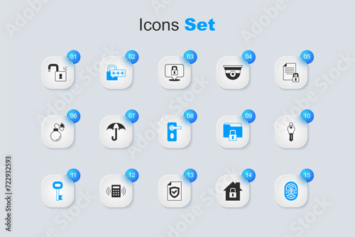 Set House under protection, Umbrella, Cyber security, Old key, Fingerprint, Key, Open padlock and door icon. Vector
