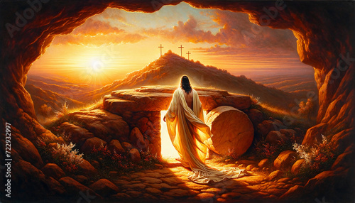 Oil painting illustration of resurrection of Jesus Christ seen from behind with empty tomb and sunbeam