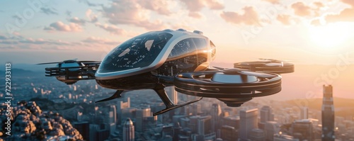 Fotografia generic futuristic manned roto passenger drone flying in the sky over modern cit