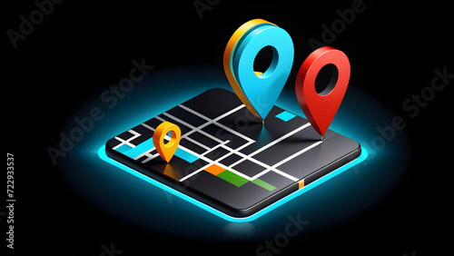 map symbol icon 3d. Locator mark of map and location pin or navigation icon sign. geolocation map path distance. GPS cartography position. Pin. isolated on a black background. With black copy space