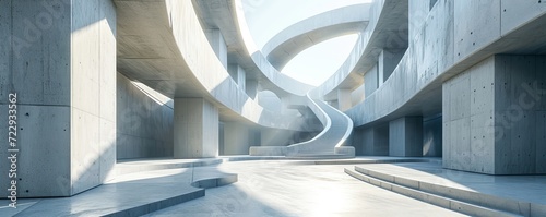 Empty abstract architecture building in minimal concrete design with open space floor courtyard white podium and curved walls museum plaza as wide display showroom mockup environment, Generative AI