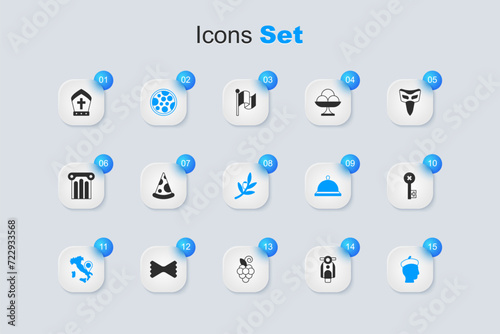 Set Scooter, Slice of pizza, Pizza, Map Italy, French man, Old key, Pope hat and Olives branch icon. Vector