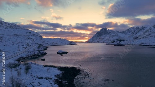 norway lofoten islands aerial shot winter season snowy landscapes sunset colors