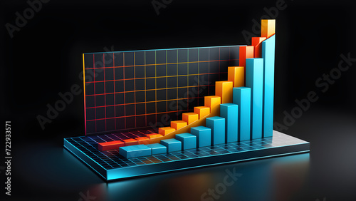 The business growth bar chart 3d is isolated on a black background.png. Abstract infographic 3d bar finance, minimal data analysis icon. soaring finances. success financial. With black copy space