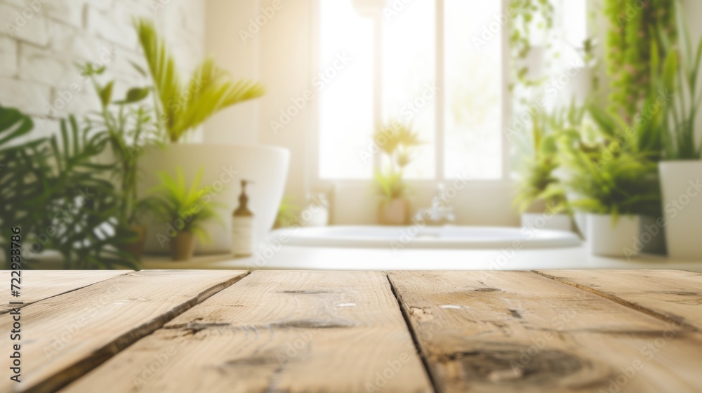 Empty Wooden Table with Greenery Backdrop Empty Wooden Table with Greenery Backdrop