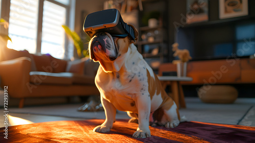 Cinematic photograph of english bulldog wearing a vr headset. photo
