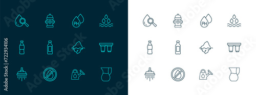 Set line Water drop, forbidden, Iceberg, Watering can, Bottle of water, Drop and magnifying glass and Fire hydrant icon. Vector